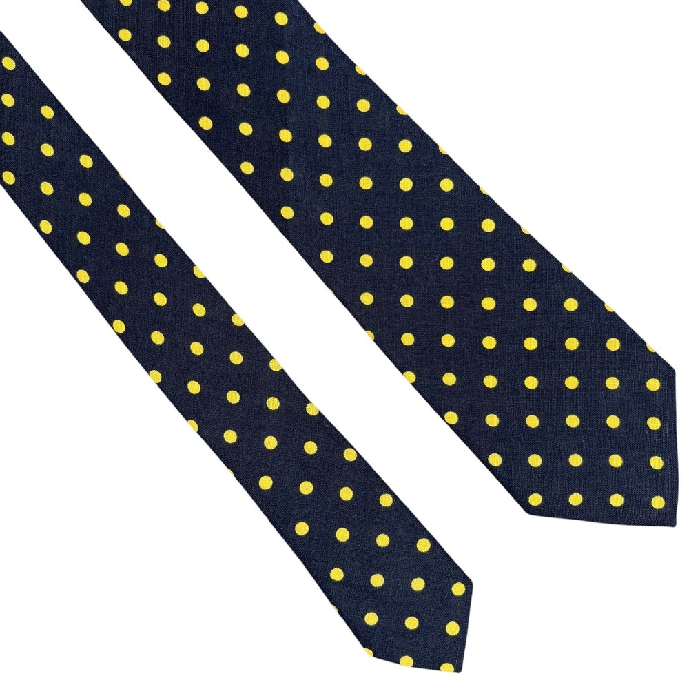Ralph Lauren Purple Label 100% Linen Tie Navy Yellow Polka Dot Necktie Italy